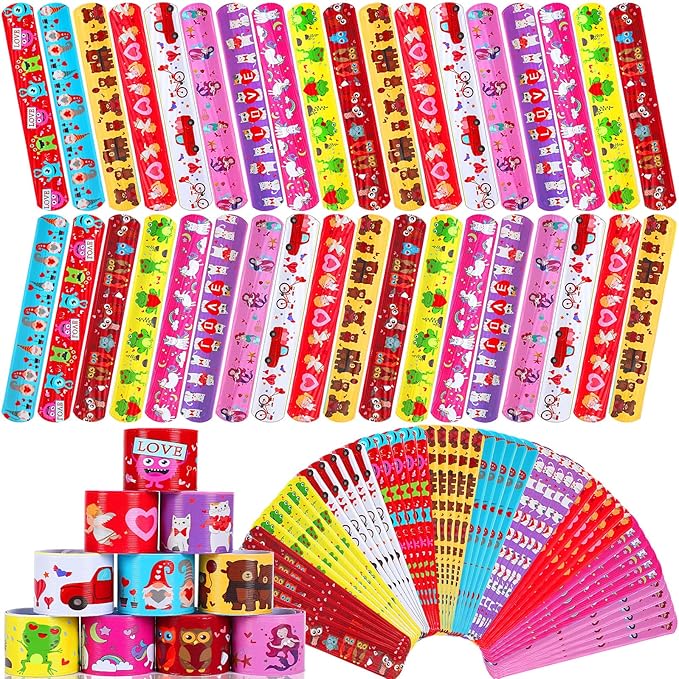 JUNEBRUSHS 56 Pack Valentines Slap Bracelets, Valentines Day Party Favors for Kids Valentines Slap Bands Wristbands Snap Bracelets Bulk for Boys Girls Birthday Gifts Party Supplies