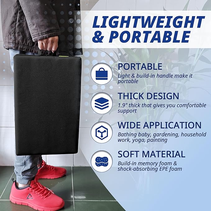 Extra Thick Kneeling Pad, Bath Kneeler Pad, Garden Kneeling Pad for Knee, Water Resistant Soft Memory Foam Cushioning for Workout, Yoga, Bathing, Physical Therapy, Prayer Pillow, Black