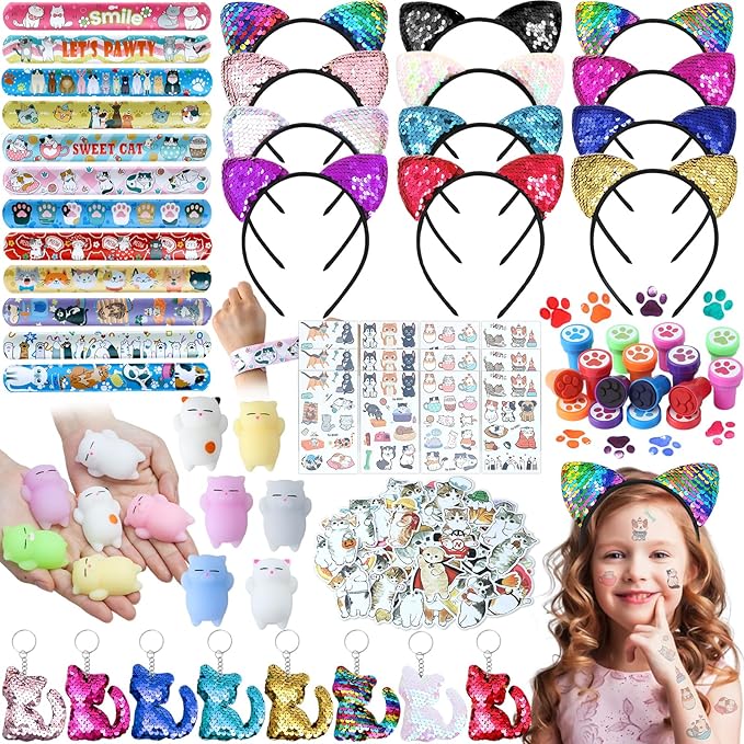Cat Party Favors Birthday Supplies for Girls Sequin Headband Squishy Toy Keychain Tattoo Sticker Stamper Slap Bracelet Cat Sticker Goodie Bag Stuffer Kids Cat Birthday Party Supplies Decorations