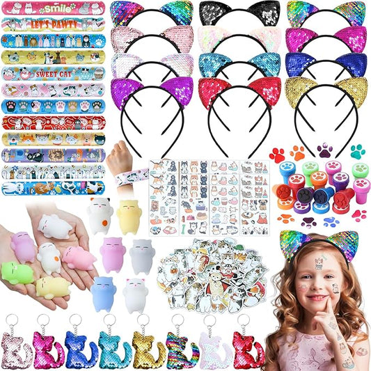 Cat Party Favors Birthday Supplies for Girls Sequin Headband Squishy Toy Keychain Tattoo Sticker Stamper Slap Bracelet Cat Sticker Goodie Bag Stuffer Kids Cat Birthday Party Supplies Decorations