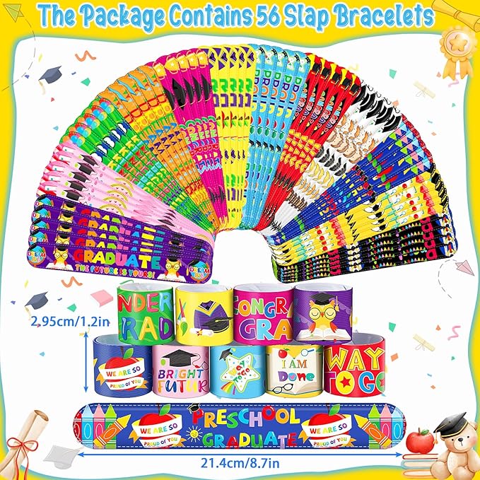 JUNEBRUSHS 56Pcs Kindergarten Graduation Slap Bracelets, Colorful Congrats Grad Bracelets Wristbands Kindergarten Graduation Gifts for Kids Preschool Kindergarten Graduation Party Favors Supplies