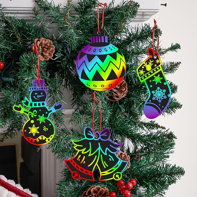 JOYIN 48 Pcs Christmas Scratch Art Ornaments, Scratch Paper Craft Kit Include Snowman, Snowflakes, Christmas Tree, and Reindeer, Rainbow Color Scratch Off Hanging Ornament for Kids Party Favors