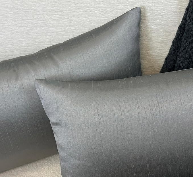 Aiking Home 12x24 Inches Faux Silk Rectangular Throw Pillow Cover, Zipper Closure, Charcoal (Set of 2)