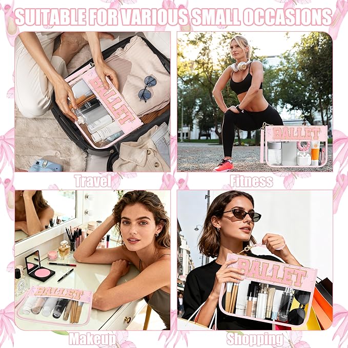 BuyCard Ballet Gifts Cosmetic Makeup Bag with Chenille Letter Patch, Clear Pouch PVC Organizer Purse, Waterproof Travel Bag, Portable Toiletry Storage Bag for Her Girls Friends Women