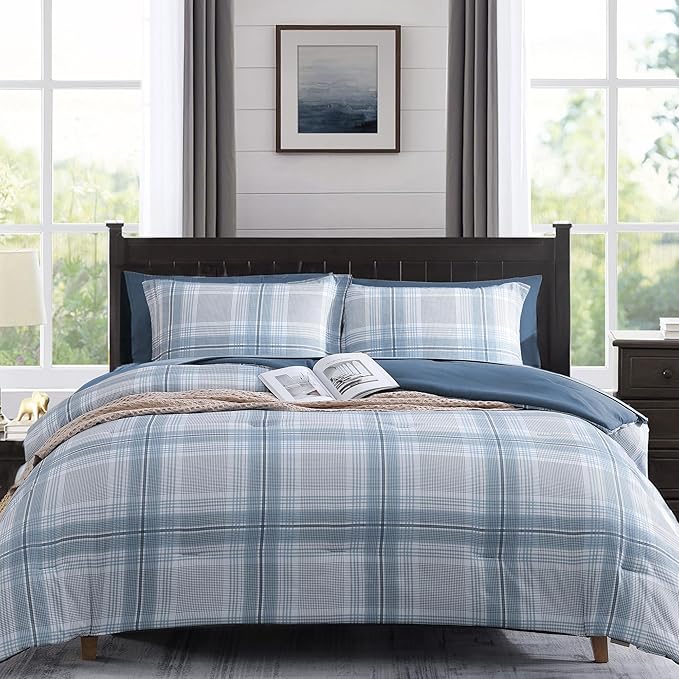 MaiRêve Plaid Queen Comforter Sets, Light Blue Grid Farmhouse Bedding Set Bed in A Bag, Classic Checkered Comforter Sets with Fitted & Flat Sheet, Pillowcases & Shams(Light Blue, 90"x90")