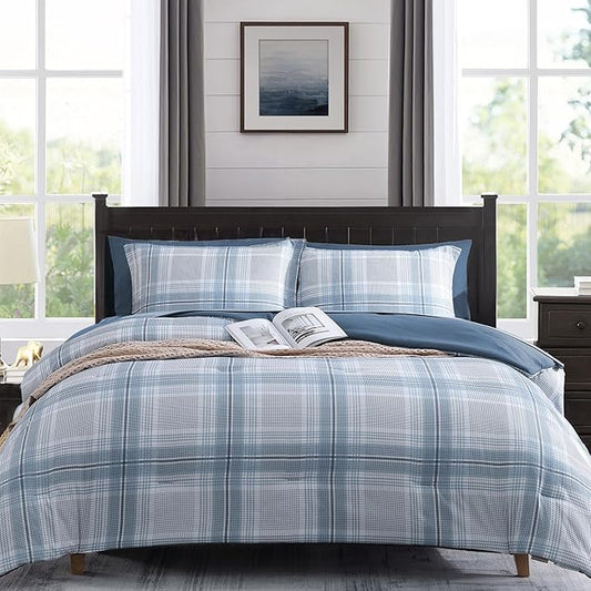 MaiRêve Plaid Queen Comforter Sets, Light Blue Grid Farmhouse Bedding Set Bed in A Bag, Classic Checkered Comforter Sets with Fitted & Flat Sheet, Pillowcases & Shams(Light Blue, 90"x90")