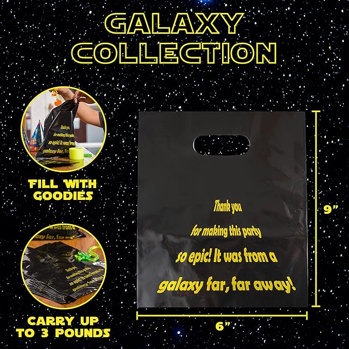 L LIFETIME Party Favor Plastic Goodie Bags with Handles- Theme Birthday Supplies Gift Bag for Kids and Adults – Galaxy (24 Pack)