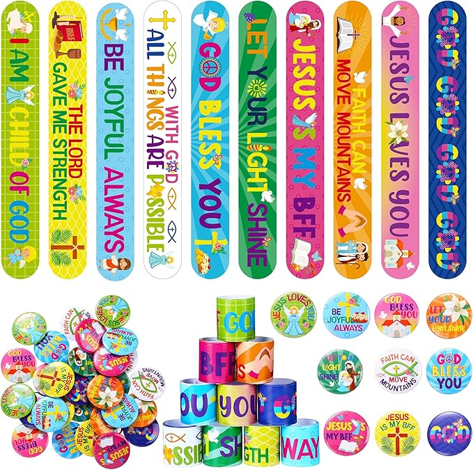 Frienda 60 Pcs Easter Religious Gifts Religious Slap Bracelets with Badges Christian Gifts for Kids Jesus Love You Wristbands Bracelets for Vbs Sunday School Supplies Birthday Party Favors(God)