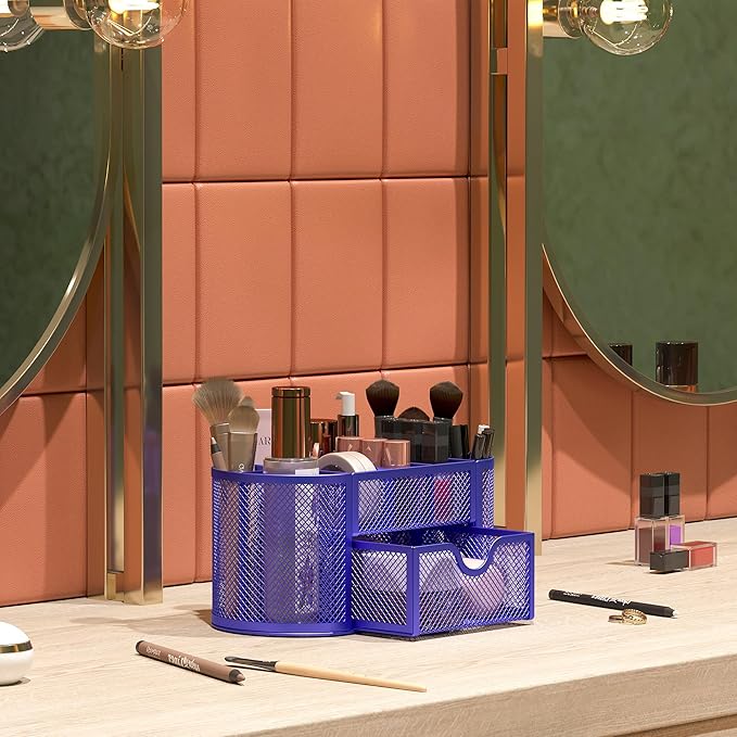 EasyPAG Mesh Pen Holder Desk Organizer with Drawer Stationery Supplies Organizer for Dorm School 9 Compartments Workspace Desk Accessories Organization for Office, Purple