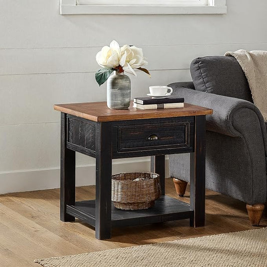 Monterey Farmhouse Rustic End Table, Solid Pine Wood Coastal Side Table with Drawer and Shelf. Black and Honey.