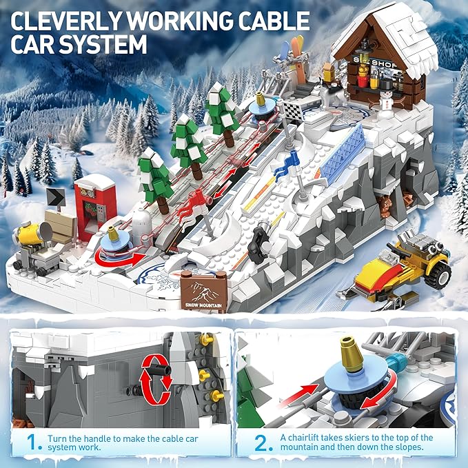 Winter Ski Resort Building Block, City Ski and Climbing Center Building Block with Ski Shop and Snowmobile, Ski Slope Block for Winter Sports Play, Fun Gift Idea for Kids and Ski Fans, 2200Pcs