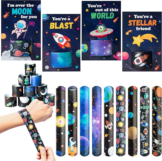 ANGOLIO 28Pcs Outer Space Theme Slap Bracelets with 28Pcs Valentine's Day Greeting Cards, Astronauts Planets Solar System Party Decoration Supplies Valentine Classroom Exchange Gift for Kids