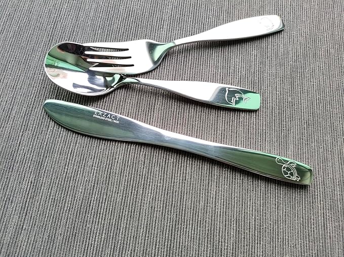 Exzact Children Flatware 6pcs, Stainless Steel Kids Silverware Toddler, Dishwasher Safe, BPA Free, 24M+, Engraved Ocean Creatures Dolphin, Turtle, Whale