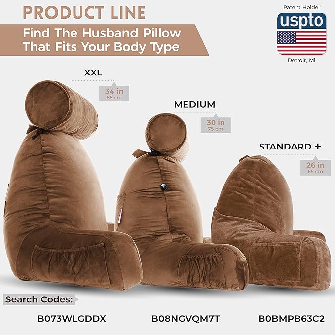Husband Pillow Medium Chocolate, Backrest for Kids, Teens, Petite Adults - Reading Pillows with Arms, Adjustable Loft, Plush Memory Foam, Bed Rest Chair Sitting Up, Detach Neck Roll, Removable Cover