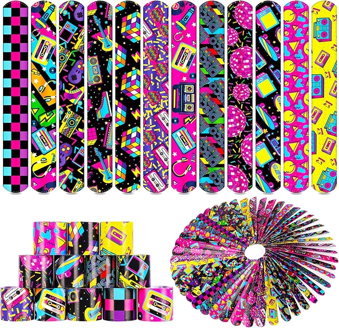 48PCS 80s 90s Party Favors Slap Bracelets,Back to 80s 90s Throwback Theme Party Decorations Slap Bracelets Wristband,For Kids Adults Classroom Prize Exchanging Birthday Party Decorations Supplies