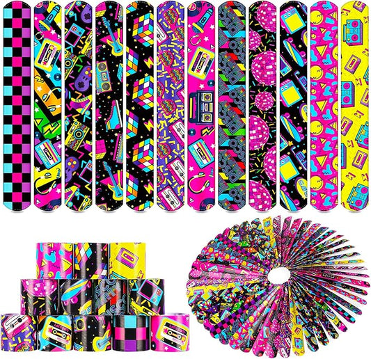 48PCS 80s 90s Party Favors Slap Bracelets,Back to 80s 90s Throwback Theme Party Decorations Slap Bracelets Wristband,For Kids Adults Classroom Prize Exchanging Birthday Party Decorations Supplies