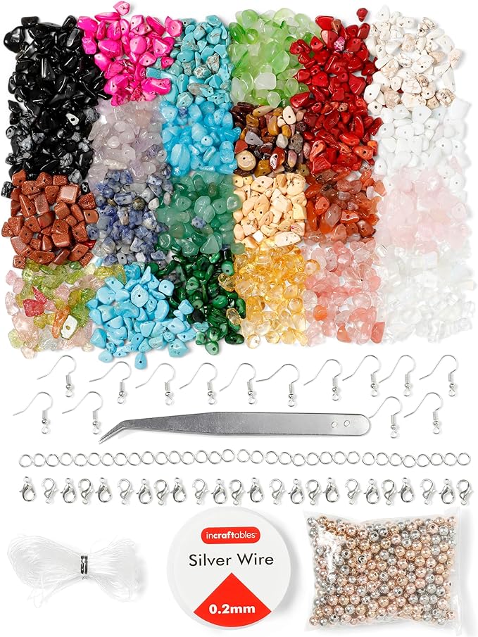 Incraftables 1000pcs Chip Crystal Beads (24 Colors Gemstones). Best Rock Beads for Jewelry Making, Rings & DIY Crafts. Bulk Natural Stone Chip Beads w/Spacer Bead, Earrings & Bracelet Wire (6-9 mm)
