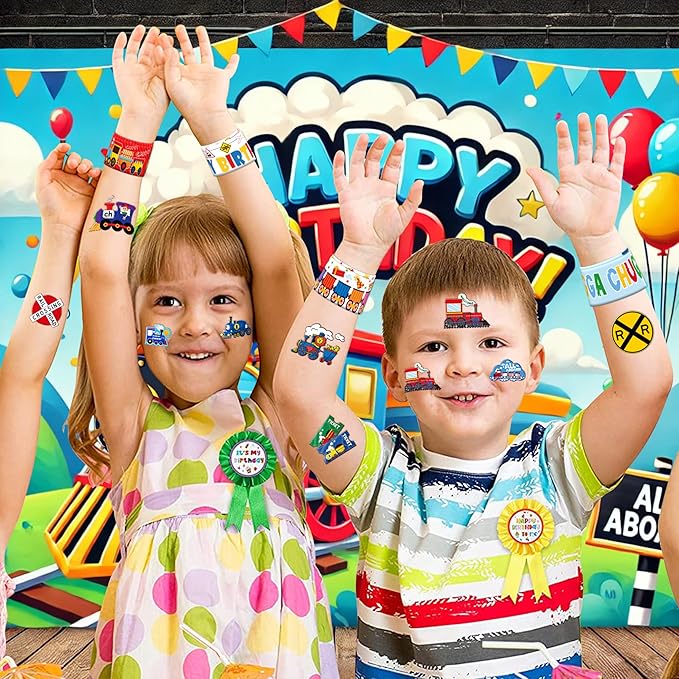 48PCS Train Party Favors - 24PCS Tattoos & 24PCS Slap Bracelets - Train-Themed Birthday Supplies, Decorations, Classroom Prizes, Carnival Rewards, Gifts for Boys & Girls