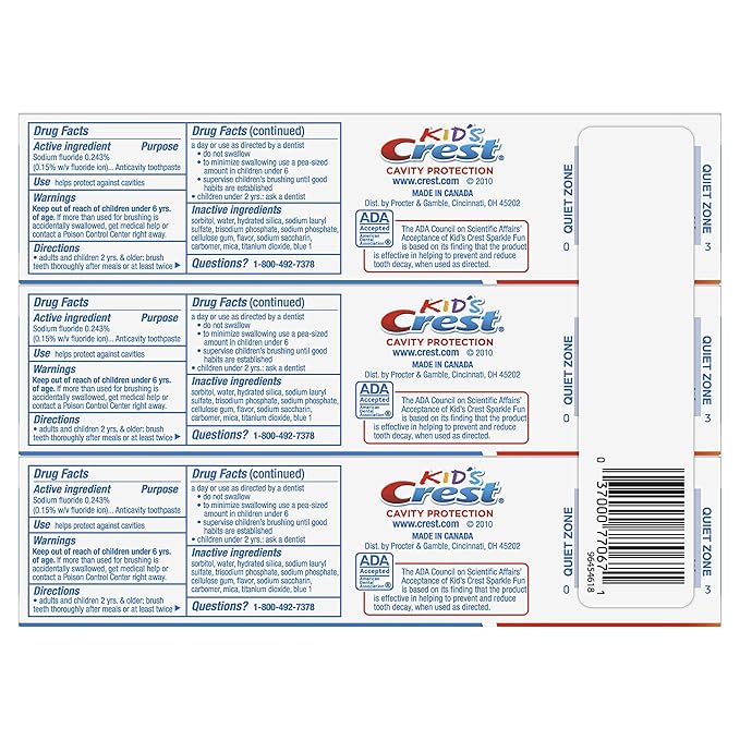 Crest Kid's Cavity Protection Toothpaste, Crest Kids Toothpaste, For Children And Toddlers 2+, Sparkle Fun, 4.6 Oz (Pack of 3), Toothpaste For Kids