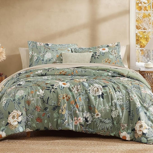 CASAAGUSTO King Size Comforter Set - 7 Pieces Green Floral Bedding Sets, King Bed in a Bag with Botanical Butterfly Comforter, Sheets, Pillowcases & Shams for All Seasons