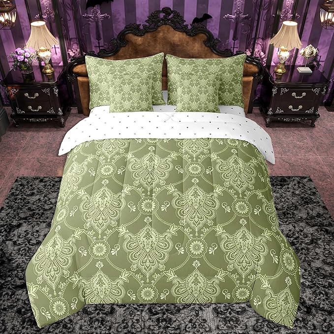Feelyou Adults Green Vintage Damask Floral Bedding Set Antique Drawing Classical Paisley Comforter Set 7 Pieces Comforters King Size Gothic Bohemia Boho FloralHotel Style Bed in a Bag