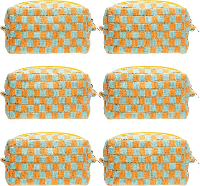 PAZIMIIK 6PCS Checkered Makeup Bag for Purse Portable Zipper Make Up Pouch Small Cosmetic Case for Travel Accessories Orange Green