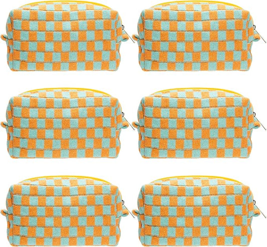 PAZIMIIK 6PCS Checkered Makeup Bag for Purse Portable Zipper Make Up Pouch Small Cosmetic Case for Travel Accessories Orange Green