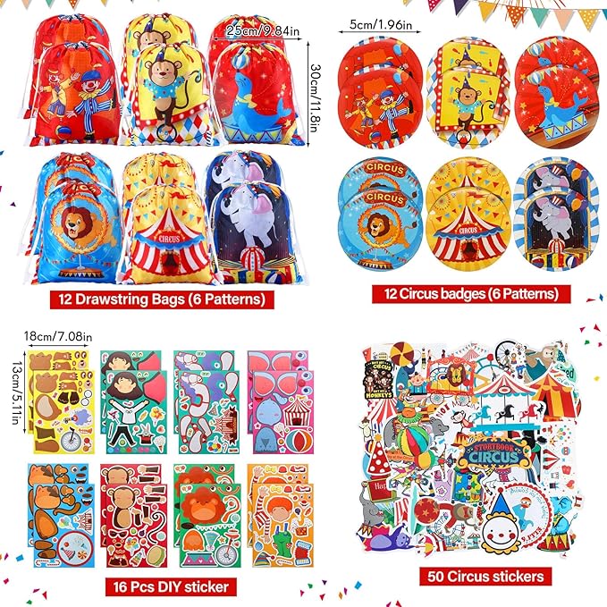 Cholemy 91 Pcs Circus Carnival Party Favors Include Circus Clown Animal Keychains Rubber Bracelets Stickers Button Pins Mini Notebooks Drawstring Bags Backpack Flexible Soft Pencil for Party