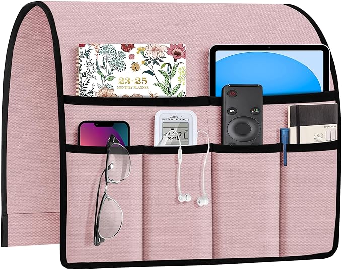 Joywell Remote Holder for Recliner Armchair Caddy Couch Armrest Non Slip Sofa Arm Chair Caddie with 6 Pocket for Magazine, Tablet, Phone, iPad, Think Linen, Pink