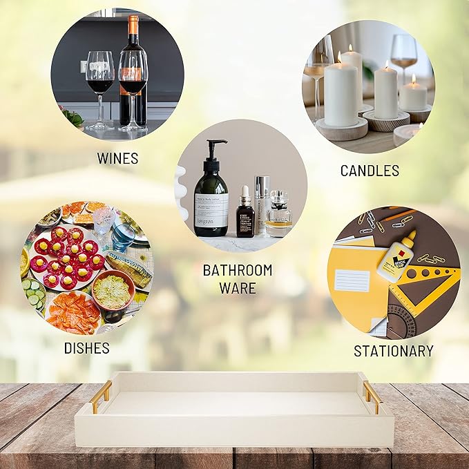ATZYmolin 17" x 12" Wood Serving Tray with Gold Polished Metal Handles, Home Decorative Wooden Rectangle Ottoman Leather Decor Platter Bathroom Vanity Tray for All Occasions White