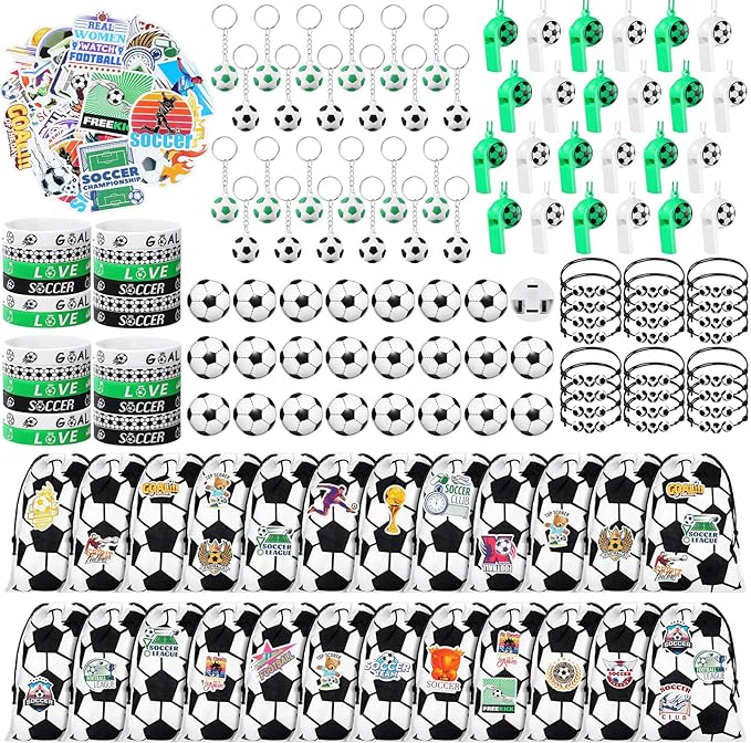 Aoriher 194 Pcs Soccer Party Favors Set Sport Silicone Bracelet Sport Car Keychain Whistle for Girls Boys Birthday Gifts Sport Themed Party Supplies
