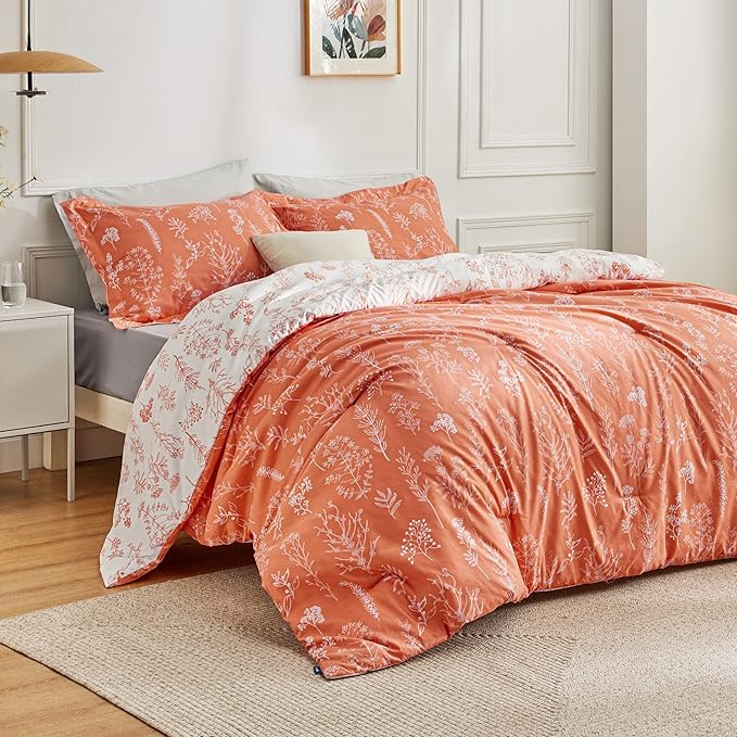 Bedsure Twin/Twin XL Comforter Set - Coral Orange Bed Set, 2 Pieces Cute Floral Bedding, 1 Soft Reversible Botanical Flowers Comforter and 1 Pillow Sham