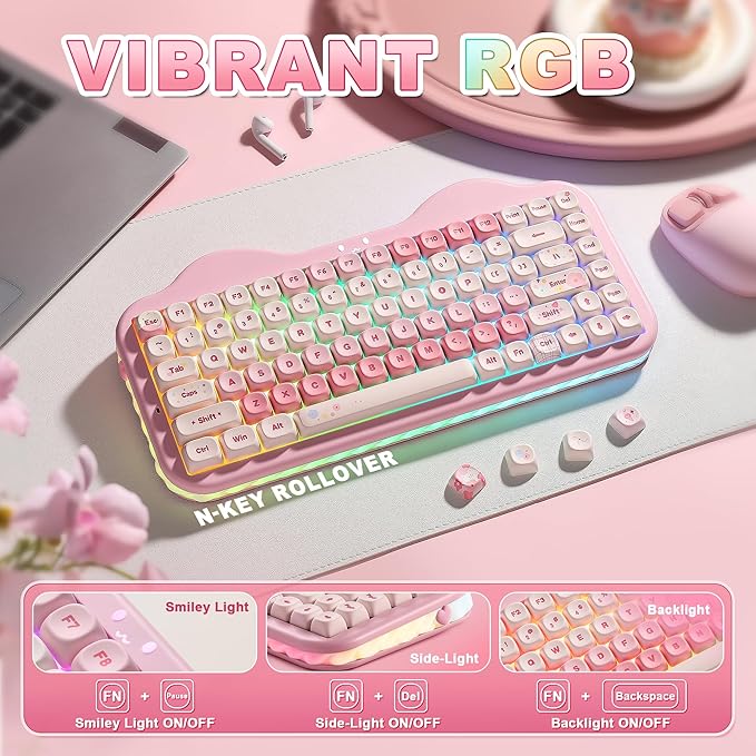 YUNZII C75 Wireless Mechanical Keyboard,75% Layout, Hot-Swappable NKRO,BT5.0/2.4G/USB-C Mode,Dye-Sub PBT MOA Keycaps,RGB Gasket Mount,Cute Cake Design for Mac/Win/Gaming (Pink, Candy Switch)