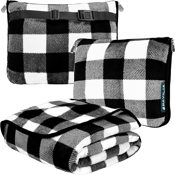 PAVILIA Travel Blanket Pillow, Soft Airplane Blanket 2-in-1 Combo Set, Plane Blanket Compact Packable, Flight Essentials Car Pillow, Travelers Gifts Accessories, Backpack Strap, 60x43 Checker White