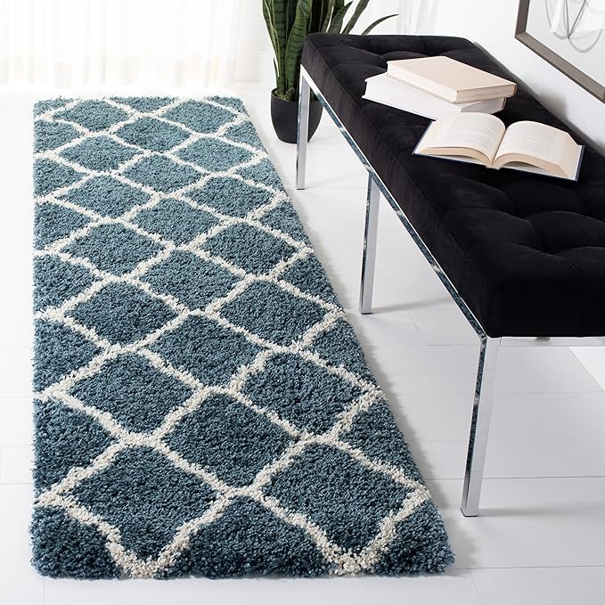 SAFAVIEH Hudson Shag Collection Runner Rug - 2'3" x 6', Slate Blue & Ivory, Moroccan Trellis, Non-Shedding & Easy Care, 2-inch Thick Ideal for High Traffic Areas in Living Room, Bedroom (SGH283L)