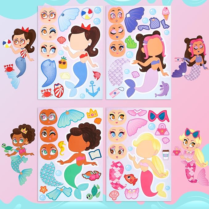 JOYIN 36 Pcs 9"x6" Mermaid Make a face Stickers for Kids, Make Your Own Mermaid Sticker Sheets, Party Favors Kids Crafts, Goodie Bags Stuffers, Classroom Rewards
