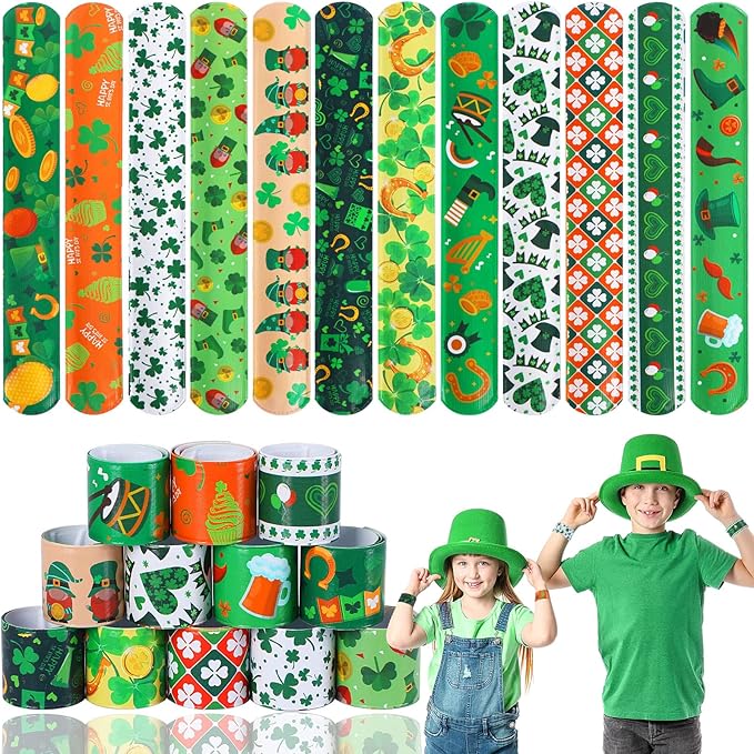 JUNEBRUSHS St. Patrick's Day Slap Bracelets, 56 Pack Saint Patricks Party Favors for Kids Shamrock Slap Bands Irish Clover Wristbands Snap Bracelets Bulk for Boys Girls Birthday Gifts Party Supplies