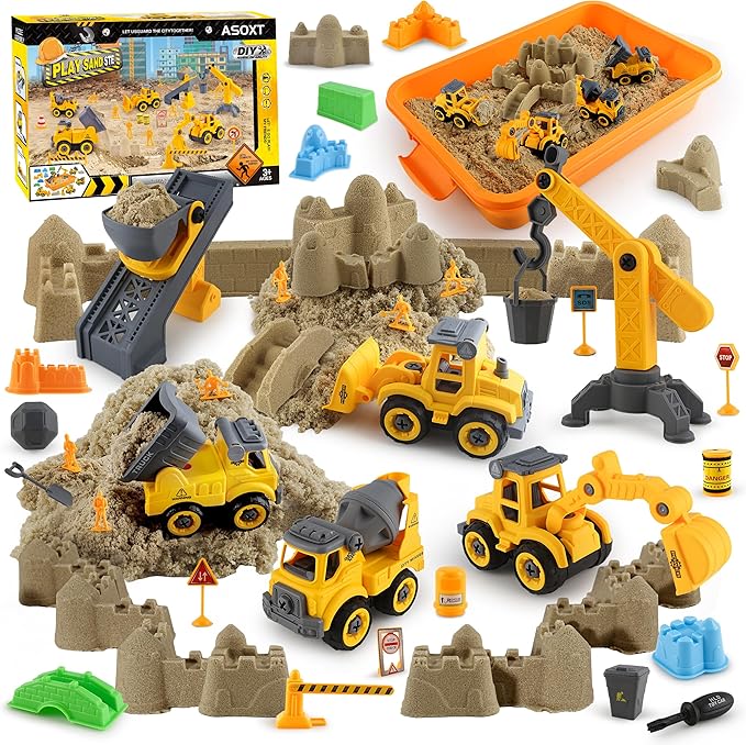 Asoxt Construction Sensory Playset - 43pcs Play Sand Art Kit- 2 lbs Sand,Sandbox,4 DIY Construction Trucks,Crane,Conveyor,8 Sand Molds,6 Figures,12 Road Signs - Ideal Toy for Boys & Girls Ages 3+