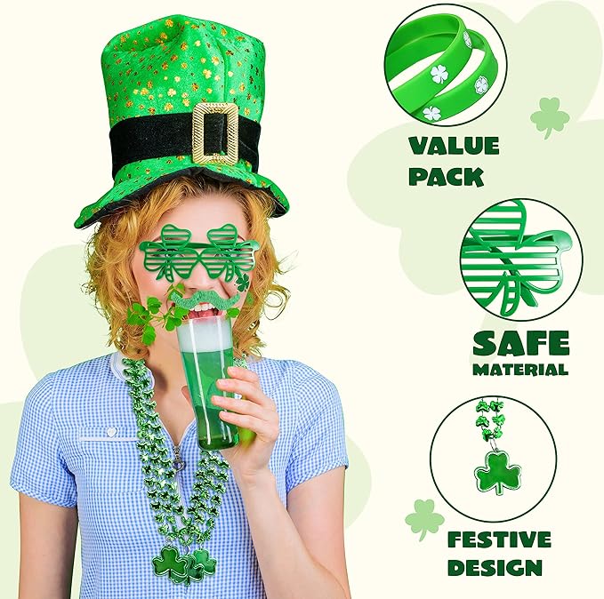 JOYIN 144 PCS St. Patrick's Day Dressing-up Accessories Set Party Favor with 12 Green Shamrock Eyeglasses 12 Beaded Necklace 72 Temporary Tattoos 24 Mustache 24 bracelets