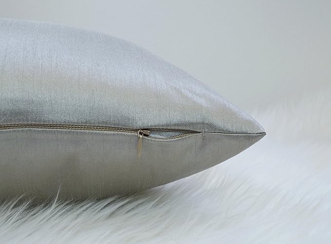 Aiking Home 12x18 Inches Faux Silk Rectangular Throw Pillow Cover, Zipper Closure, Silver (Set of 2)