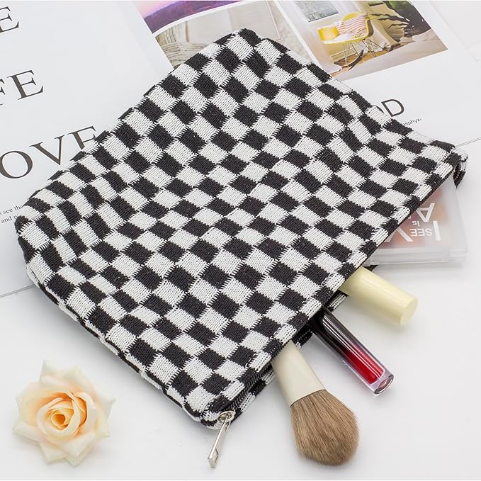 PAZIMIIK Knitted Checkered Makeup Bag Large Zipper Make Up Accessory Pouch for Purse Cosmetic Brush Bag for Travel Essential,Black