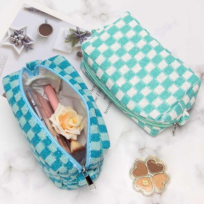 PAZIMIIK Checkered Makeup Bag for Purse Portable Zipper Make Up Pouch Small Cosmetic Case for Travel Accessories (2PCS Arctic Blue)