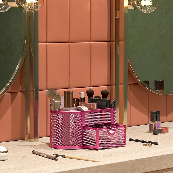 EasyPAG Mesh Pen Holder Desk Organizer with Drawer Stationery Supplies Organizer for Dorm School 9 Compartments Workspace Desk Accessories Organization for Office, Hot Pink