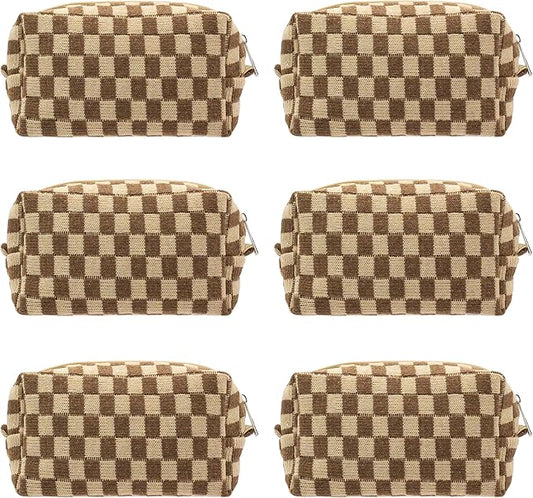 PAZIMIIK Checkered Makeup Bag for Purse Portable Zipper Make Up Pouch Small Cosmetic Case for Travel Accessories (6PCS Coffee)