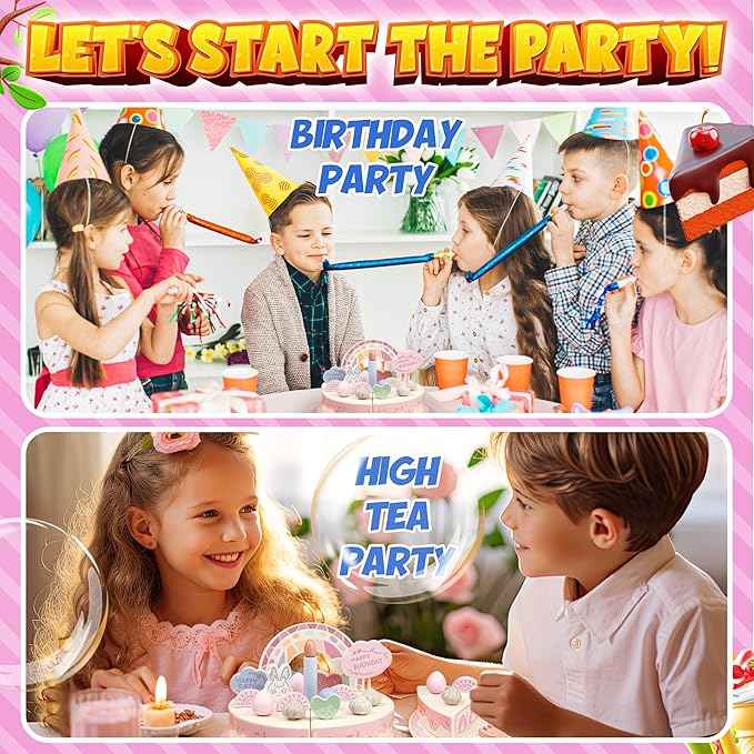 Birthday Cake Toy - Wooden Play Food Fake Birthday Cake Cutting Toys for 3 4 5 Year Old Girl Birthday Gift - Pretend Play Food with Candles&Plates,Tea Party Toys for Kids Age 3+ (28pcs)