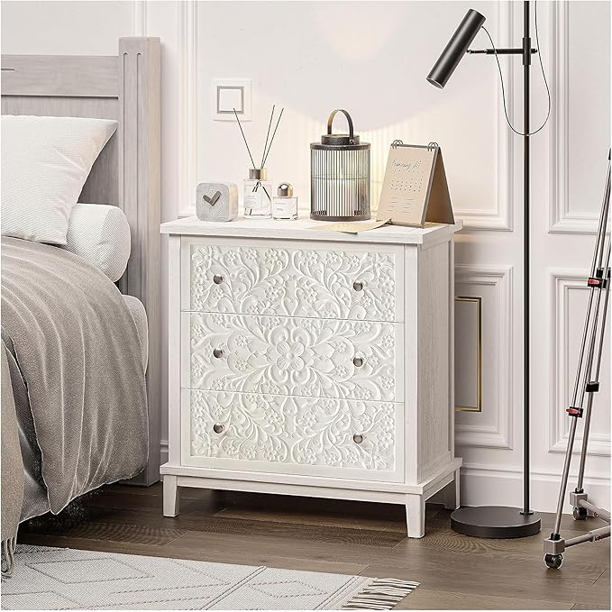COZAYH 3-Drawer Fully-Assembled Flower Motif Dresser for French Country, Farmhouse, Modern, Rustic Style, Distressed Finish, White-Washed