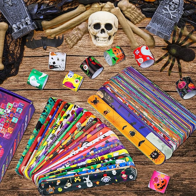 144 PCS Halloween Slap Bracelets Halloween Party Favors Supplies for Kids-108 Different Designs Bracelets Bulk for Halloween Decorations Halloween Treat Toys Bag Stuffers Gift for Kids Girls Boys