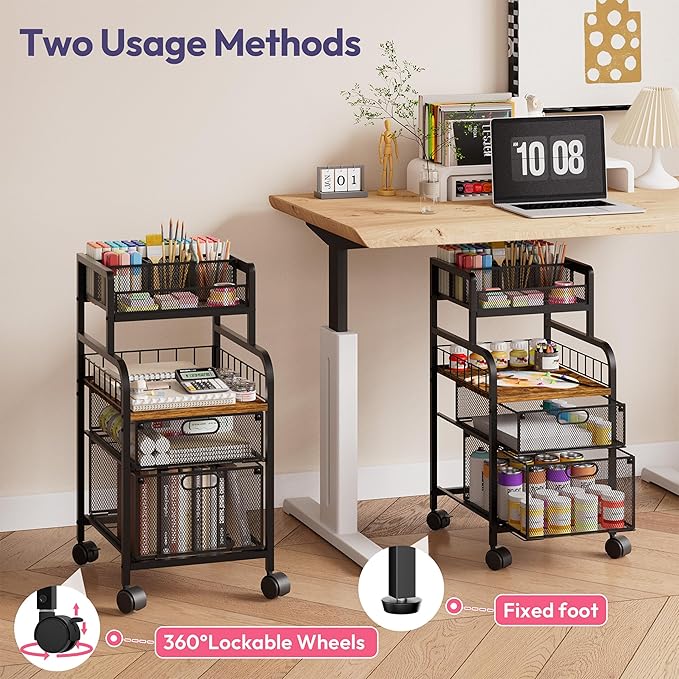 SWTYMIKI Rolling Cart with Drawers - Metal Utility Cart with Wood Shelf, DIY Divider and Locking Wheels, Craft & Art Cart Organizer for Under Desk Storage for Home Office Studio, Espresso