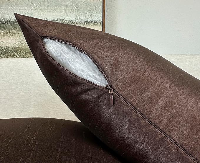 Aiking Home 18x18 Inches Faux Silk Square Throw Pillow Cover, Zipper Closure, Brown (Set of 2)