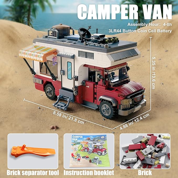 TYCOLE City Camper Van Building Set-Beach Camping Themed Construction Toy Kit with Mini Accessories&Lights, RV Car Model Compatible with Legos, Christmas Birthday Gift for Adults and Kids 6+(880 pcs)